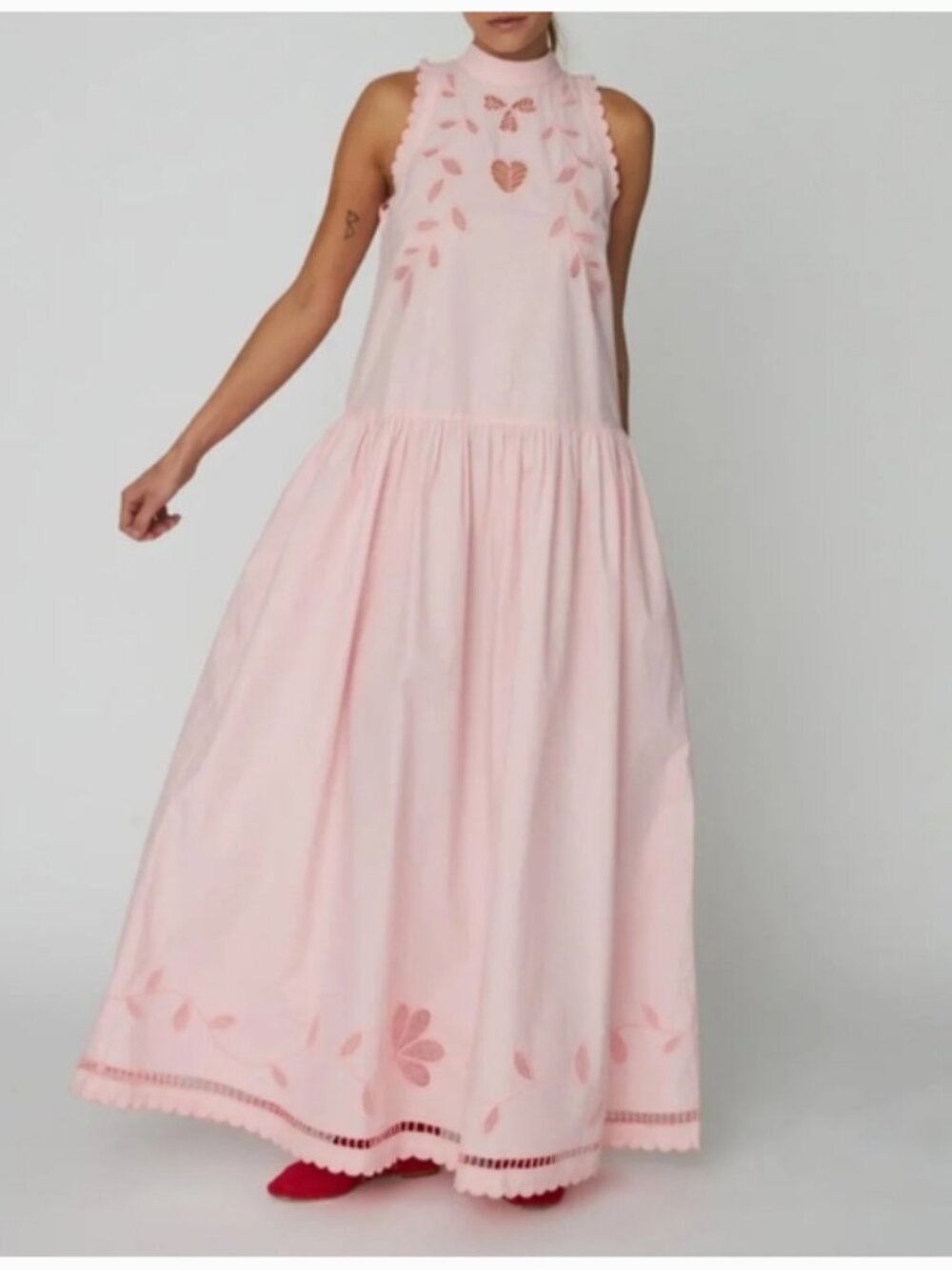 Anthropologie Stella Nova Embroidered Anglaise Maxi Pink Cotton Dress size S